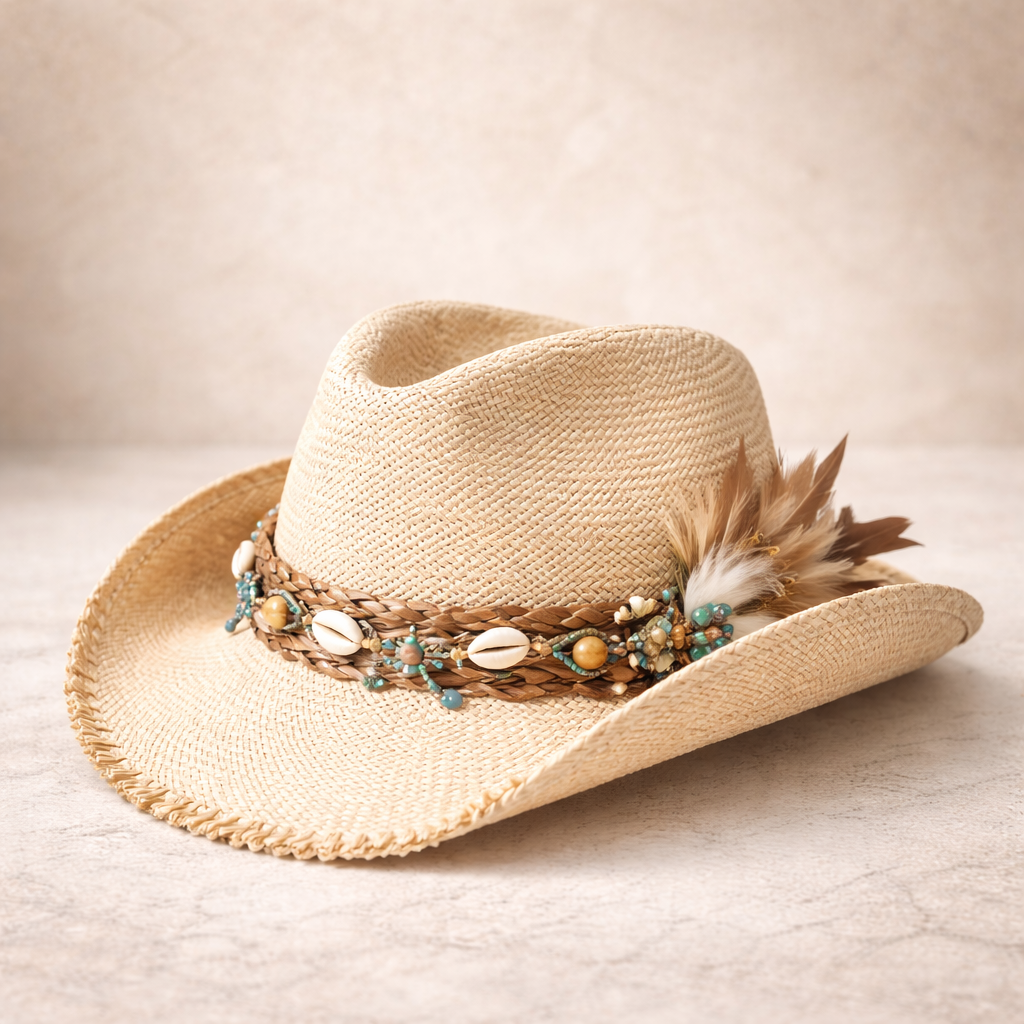 Ivory Straw Cowboy Hat with Shell Band Detail